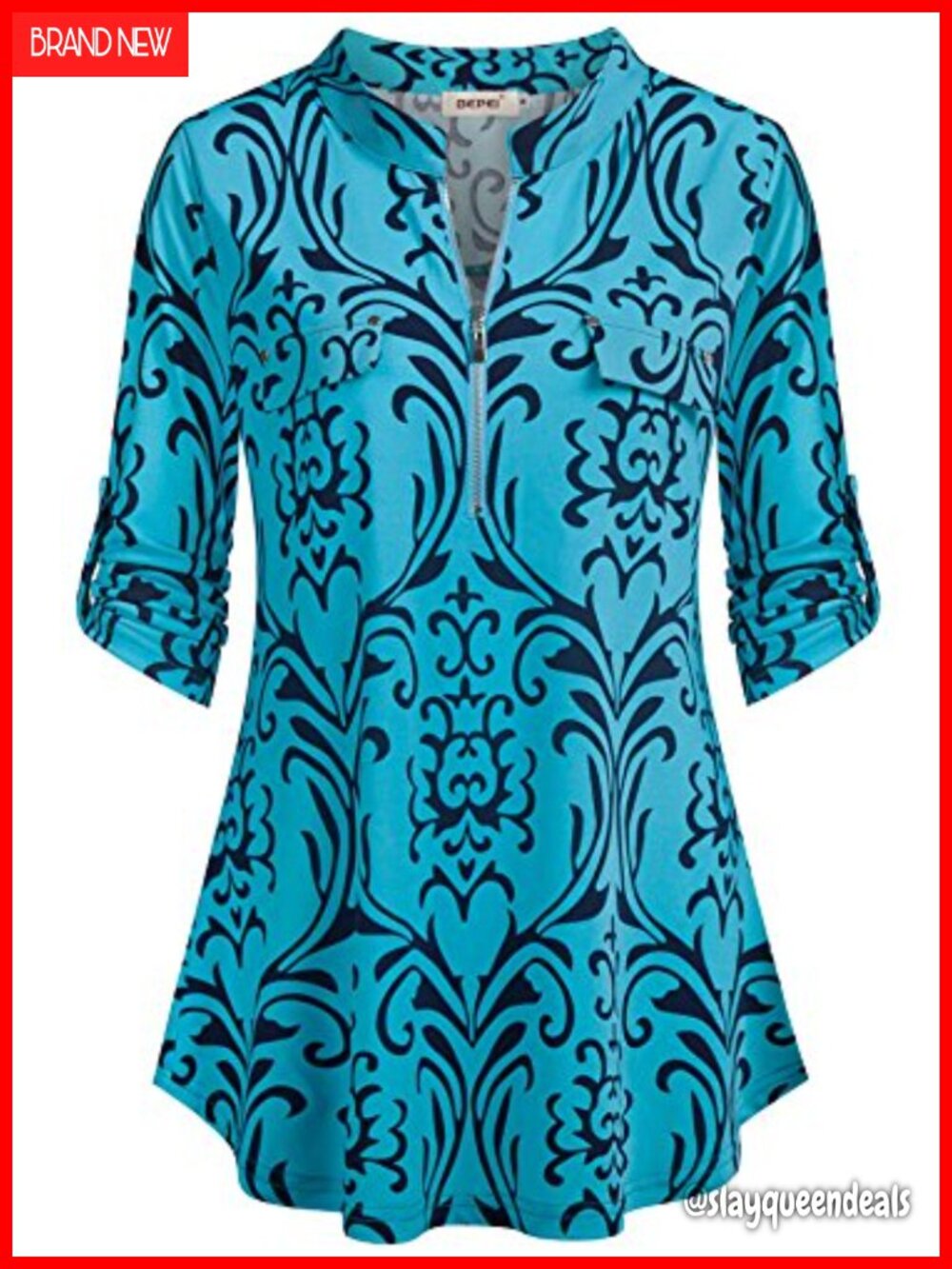 Womens Floral Zip Up V Neck 3/4 Sleeve Blouse Office Work Top